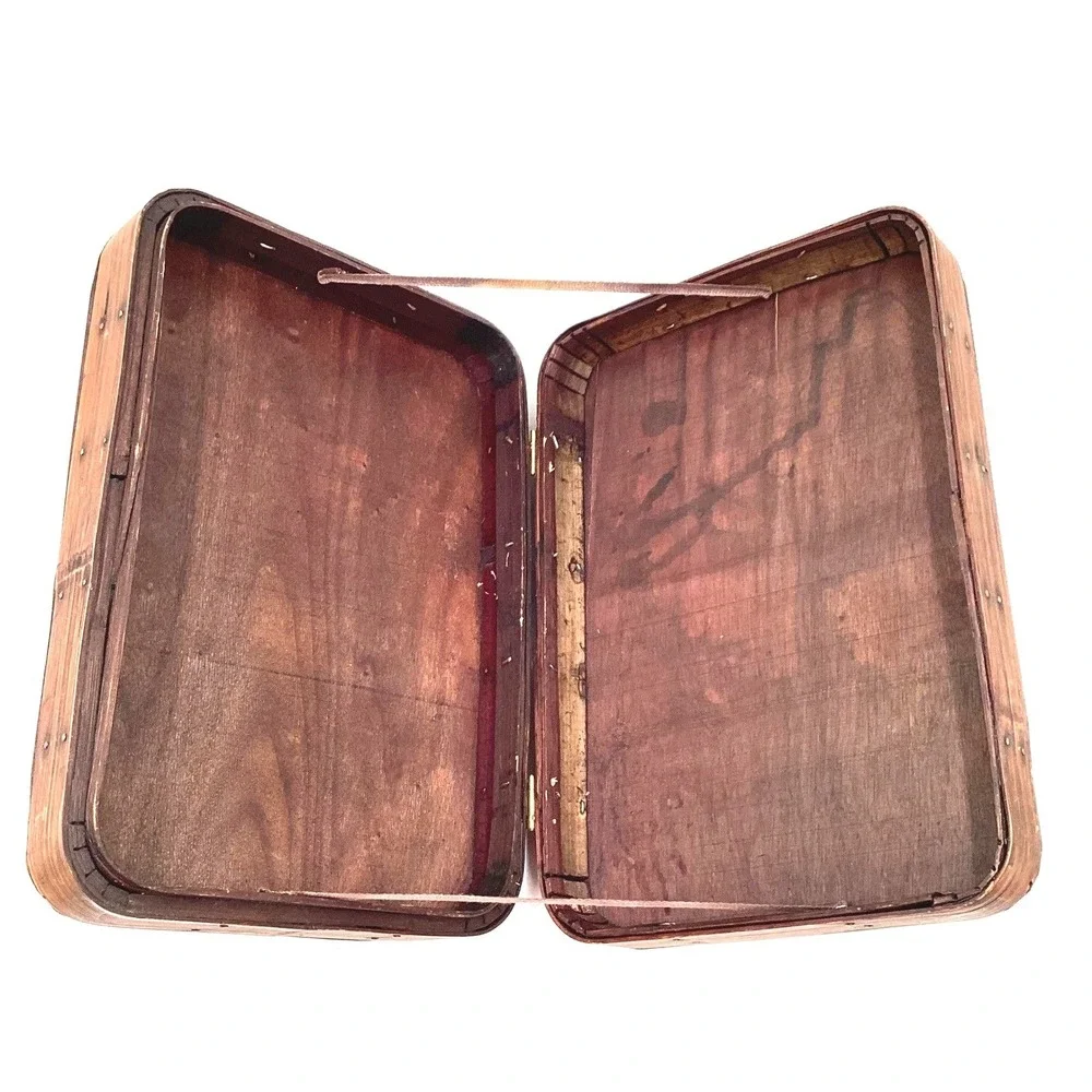 Vintage Woven Bamboo Wood Storage Box Brown‎ Wicker Suitcase Boho Coastal